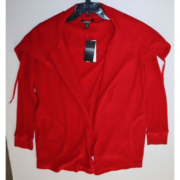 Lauren Ralph Lauren Women Sz L Red Thermal Waffle-Knit Open Front Cardigan - Picture 7 of 10